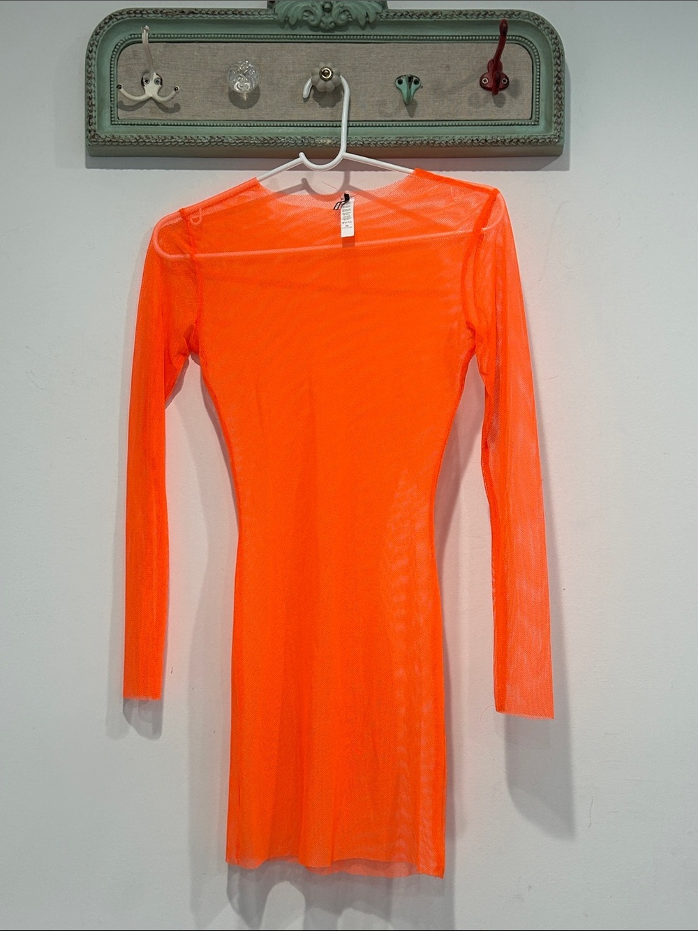 Fashion Nova Neon Orange Rave sheer Long Sleeve Mesh fishnet Mini Dress women XS